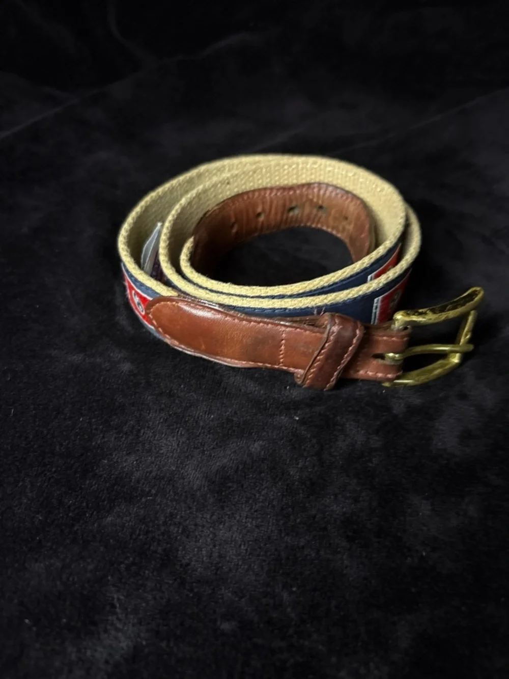 Volunteer Traditions TN Flag Webbing Belt Size 32 Tan Blue Leather Preppy VGUC